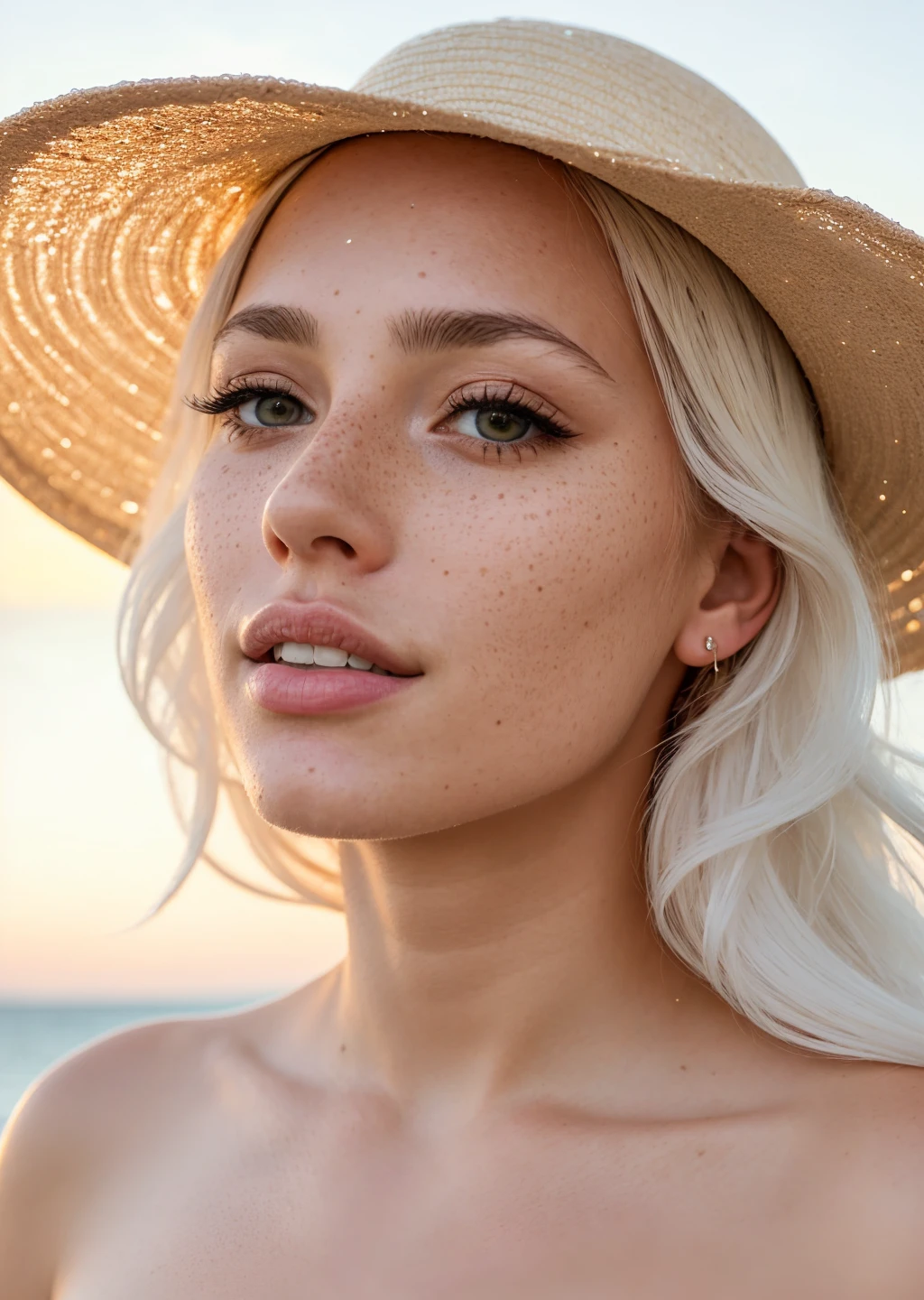 a portrait of a beautiful woman, topless, , (light freckles, beauty spots:1.2), she has long (platinum white:1.2) wavy hair, she is wearing a beige sunhat
background of the ocean, sunset, sun-kissed, sunflare, <lora:xEpi:1.4>