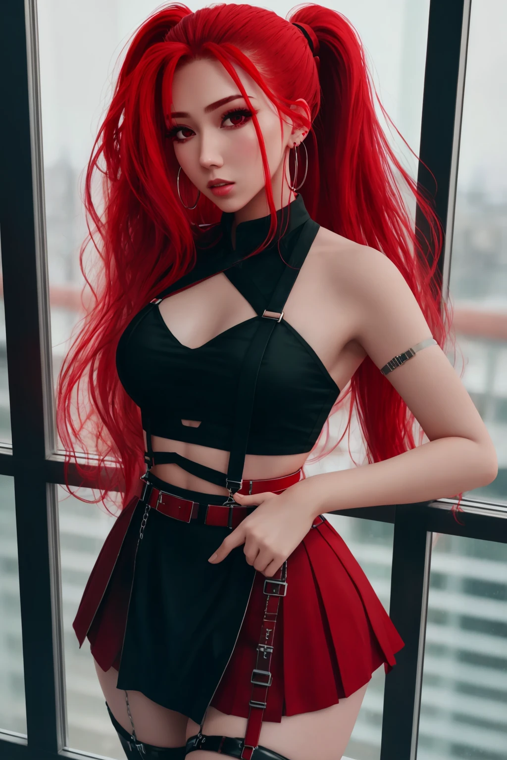 4K, Masterpiece, highres, absurdres, 
1girl, solo, long hair, breasts, skirt, jewelry, standing, ponytail, red hair, earrings, parted lips, belt, black skirt, window, thigh strap, hoop earrings, realistic, tube top, wearing Urban_Gal,
 <lora:edgAsianUrbanGal:1>