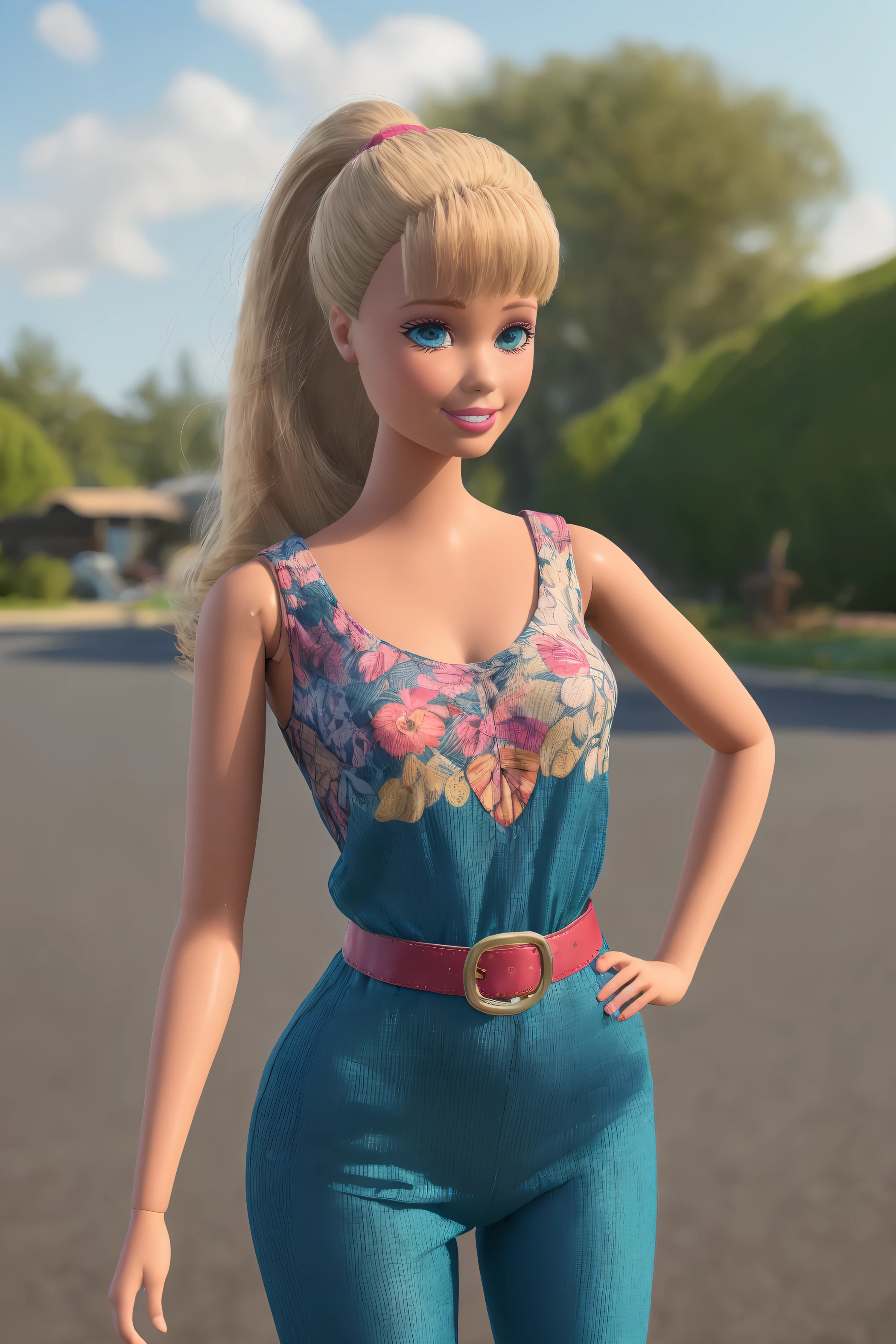 <lora:TS_Barbie-16:0.8>, (masterpiece, best quality), highres, (8k, RAW photo, highest quality), ultra-realistic, 3d, centered, (TS_Barbie), mid shot, (full body:1.2), a cartoon girl in a blue jumpsuit and pink belt in the style of pixar, (perfect lighting and composition:1),soft lighting, (high detail, 8K resolution:1), hdr:0.7, detailed face, perfect, (dynamic), pose, (high quality:1.2), plastic skin, ((shiny:1.3)), hourglass figure, smile, (depth of field:0.8), 50mm, film grain:0.7, fujifilmXT3, focus face, (sad:1.2), looking at viewer, detailed eyes, detailed face, floating particles, analog style, beautiful, light makeup, lipstick, (thick waist and thighs:0.6), summer vacation, tropical, palm tree, sandy beach, amazing composition, lively