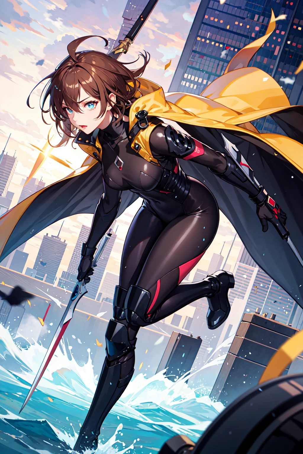 official art, unity 8k wallpaper, ultra detailed, beautiful and aesthetic, High quality, beautiful, masterpiece, best quality, (zentangle, mandala, tangle, entangle:0.6), Le Diable Blanc, Gambit, Remy Lebeau, detailed eyes , detailed face, shiny skin, masterpiece, best illustration, 1boy, male focus, brown hair, cityscape, gloves, solo, city, holding, boots, weapon, sky, short hair, bodysuit, coat, black gloves, black bodysuit, black footwear, long coat, knee pads, holding weapon, zoom out, wide shot, rule of thirds, [bottle bottom], water splash, wind swept, glitter,ultra sharp
