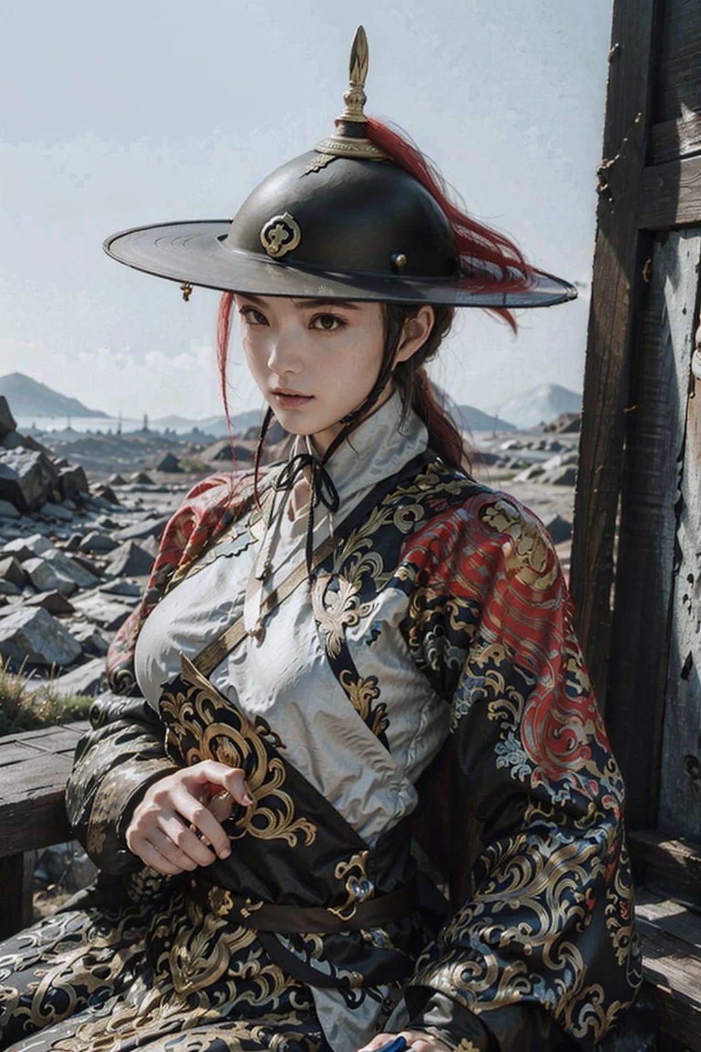 1girl, big_breasts, armor,realistic, masterpiece, best quality, 8k, photorealistic, linen_cape, white_linen_clothes, <lora:bamboohat_v1:0.2>, doulikui, <lora:doulikui_v1:0.8>