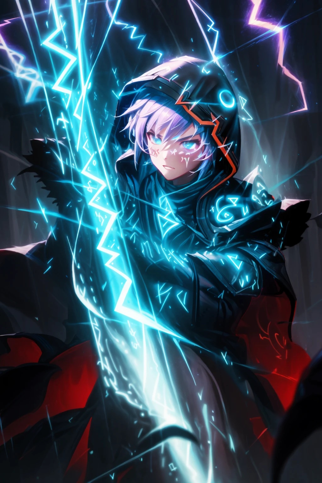 ((masterpiece, best quality, hyper detailed, great-battle-mage throwing lightning-thunder magic-javelin)), (serious dignified spell casting gray-short-spiked-hair black-hooded face, dark violet lightning thunder magic rune circle, floating magic javelin), he throwing a lightning thunder great magic javelin spear, black-hooded-cloak, leather light armor, leather grove, black leather greave, GlowingRunesAI_paleblue, glowing digital runes, <lora:GlowingRunesAIV6:0.7>, <lora:abstractor_yiu_v10:0.7>, <lora:add_detail:1>, <lora:add_sharpness:0>