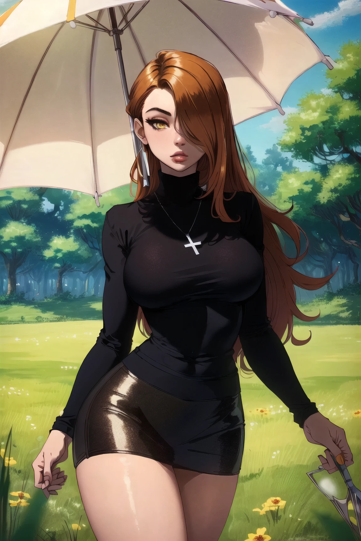 ((masterpiece, high quality, best quality, highres, ultra-detailed, 8k:1.4)), parasoul, 1girl, solo, breasts, ((skirt)), black dress, turtleneck sweater, (holding umbrella, closed umbrella:1) hair over one eye, long hair, lips, lipstick, necklace, inverted cross, yellow eyes, detailed eyes, perfect eyes, large eyelashes, depth of field, field background, nature, grass, flower, multiple lights, cinematic light, volumetric light, expressive, curvy, wide hips, posing, dynamic angle, vibrant color, vivid colors, <lora:Parasoul-10:1.0>