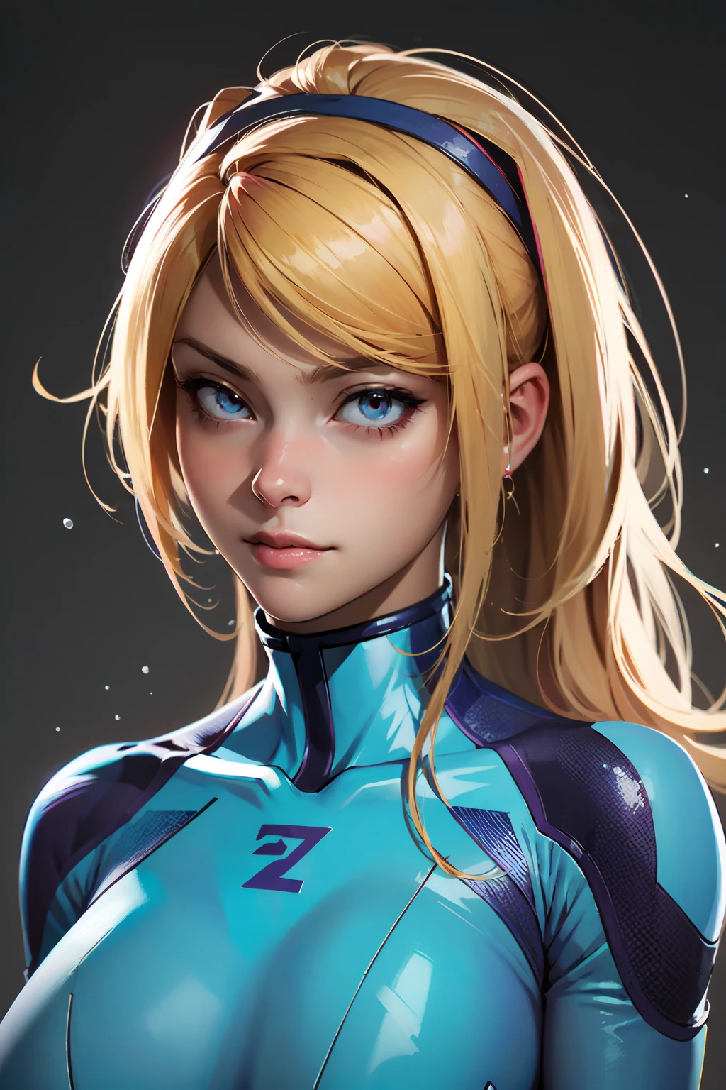 nijistyle, portrait of zero suit samus aran, particles, simple background <lora:sxz-style-niji:0.8>