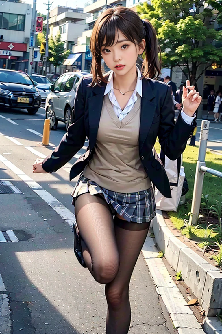 (photorealistic:1.4),8k,(masterpiece), best quality, highest quality,(detailed face:1.5),original,highres,unparalleled masterpiece, ultra realistic 8k, perfect artwork, ((perfect female figure)),afternoon nature light,200 mm,low position,lens flare,
1girl, solo,mature female, milf,brown eyes, long hair, black hair, low twintails,bangs,narrow waist, skinny,detailed skin,((standing,standing on one leg)),
(school uniform),blazer,black jacket,sleeves past wrists, long sleeves,open jacket,cardigan,white shirt,collared shirt,plaid miniskirt,pleated skirt,necktie,black pantyhose,school bag,loafers,black footwear,
white background,simple background,outdoors,high school,school gate,street,bus stop,tree,
<lora:pureInnocentGirl_v25:0.52>