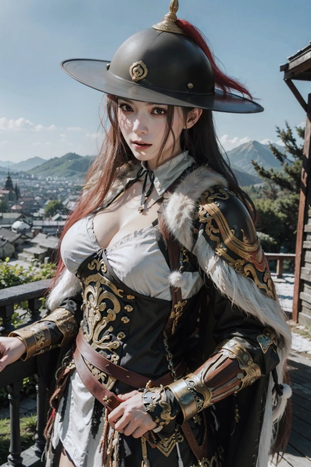 doulikui, feather, 1girl, big_breasts, (armor:1.2),realistic, masterpiece, best quality, 8k, photorealistic, white_linen_clothes, furry cloak, furry cape, outdoors, <lora:kayako_v10:0.5>