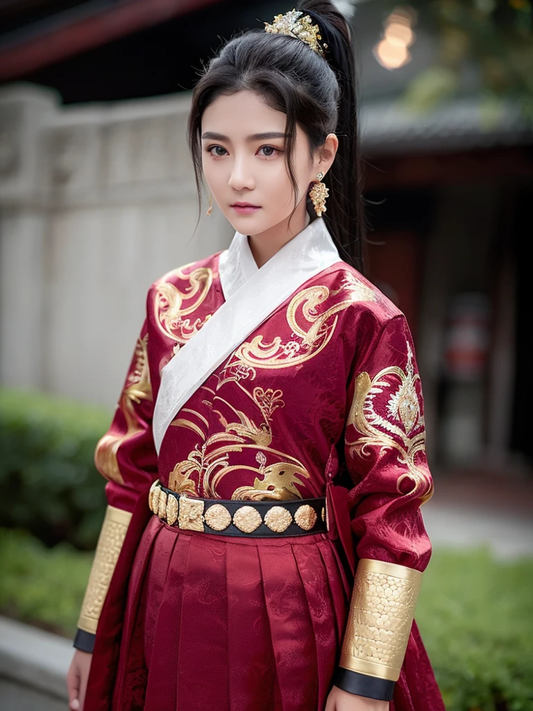 feiyu_clothes, red fabric, gold embroidery, black bracer with golden embroidery, high ponytail, depth of field, night cityscape, (1girl:1.6), ulzzang-6500v1.1, (original: 1.2), (realistic: 1.3) , beautiful girl with beautiful details, extremely detailed eyes and face, eyes with beautiful details, absurd, incredibly absurd, huge file size, ultra detail, high resolution, ultra detailed, best quality, masterpiece, illustration, ultra detailed and beautiful, ultra detailed, CG, unity, 8k wallpaper, amazing, fine Detail, masterpiece, top quality, official art, extremely detailed CG unity 8k wallpaper, cinematic lighting, (perfect shiny skin:0.6), slim and smooth lines, (floating), (small breasts:1), earrings , <lora:Feiyu_clothes_v1:0.8> <lora:koreanDollLikeness_v15:0.2>