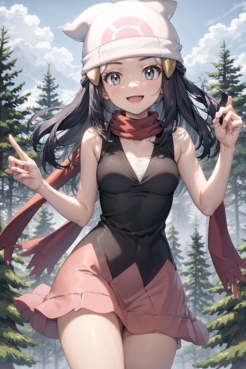 masterpiece, best quality, <lora:DawnLora:0.7>, dawn \(pokemon\), black shirt, sleeveless, red scarf, pink skirt, white headwear, beanie, smile, forest, pine tree,