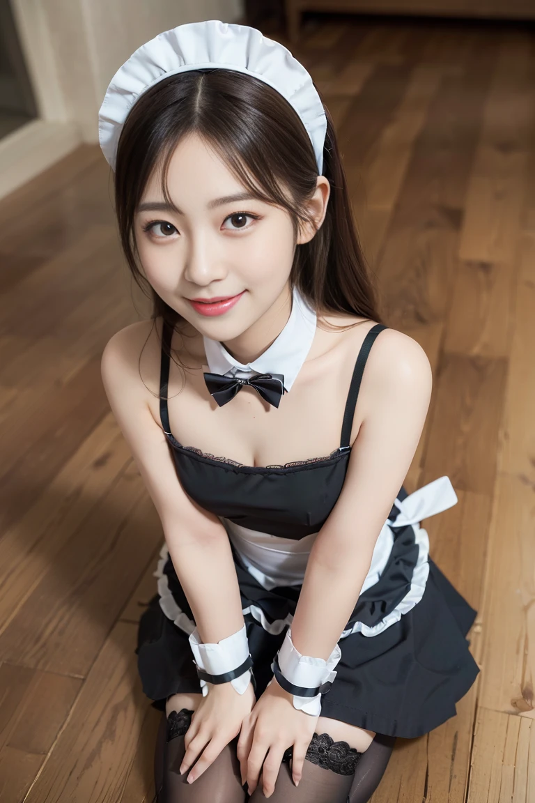 ultra high res,(best quality, masterpiece:1.2),ultra-detailed,portrait,full body,style of a idol,nsfw,top view,
1girl,(pleasure face:1.3,enchanting smile),pov looking up,separated thighs,legs apart,(black maid dress:1.1, white maid apron:1.1, bow hair accessory:1.05, maid headband:1.05, maid bow tie:1.05, wrist cuffs:1.05, ), lace stockings, maid shoes,<lora:pureInnocentGirl_v25:0.46>