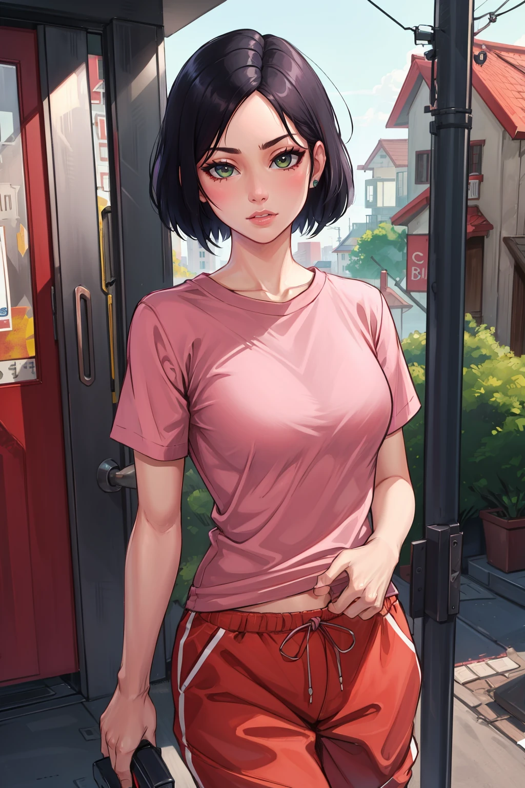 masterpiece, best quality, valorantviper, pink shirt, orange sweatpants, looking at viewer, house <lora:viper-nvwls-v2-000008:0.8>