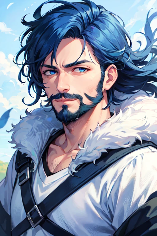 masterpiece, best quality, 1boy, male focus, solo, facial hair, beard, blue hair, blue eyes, looking at viewer, realistic, long hair, closed mouth, mustache, shirt, portrait, upper body, wild hair, fluffy hair, wind swept hair,