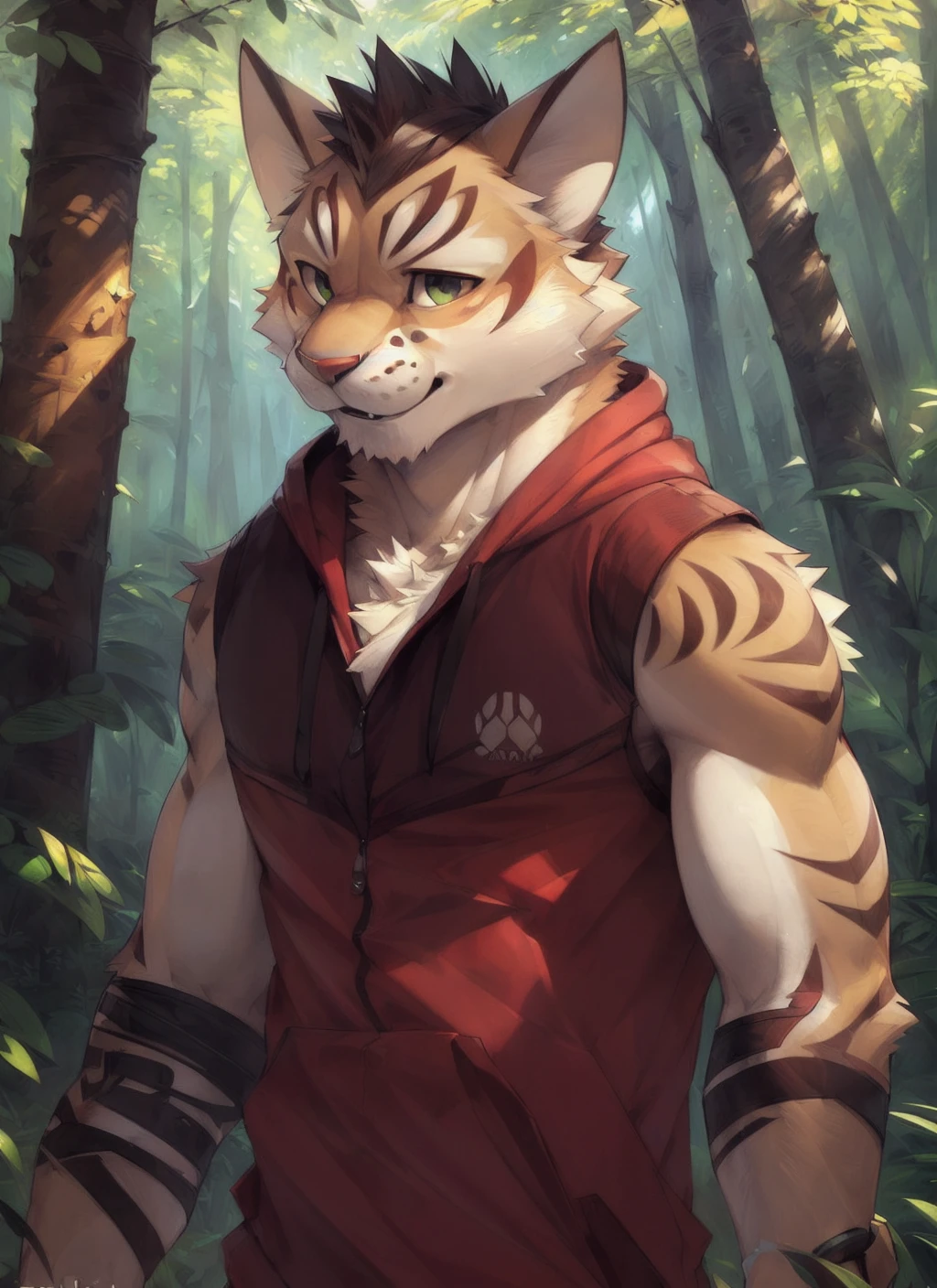 <lora:shu-chi-09:0.8>, yan shu chi, solo, by Pixelsketcher, by Bayard Wu, by Thomas Benjamin Kennington , by Einshelm, detailed eyes, forest background, (full body), sleeveless, sleeveless hoodie, hoodie