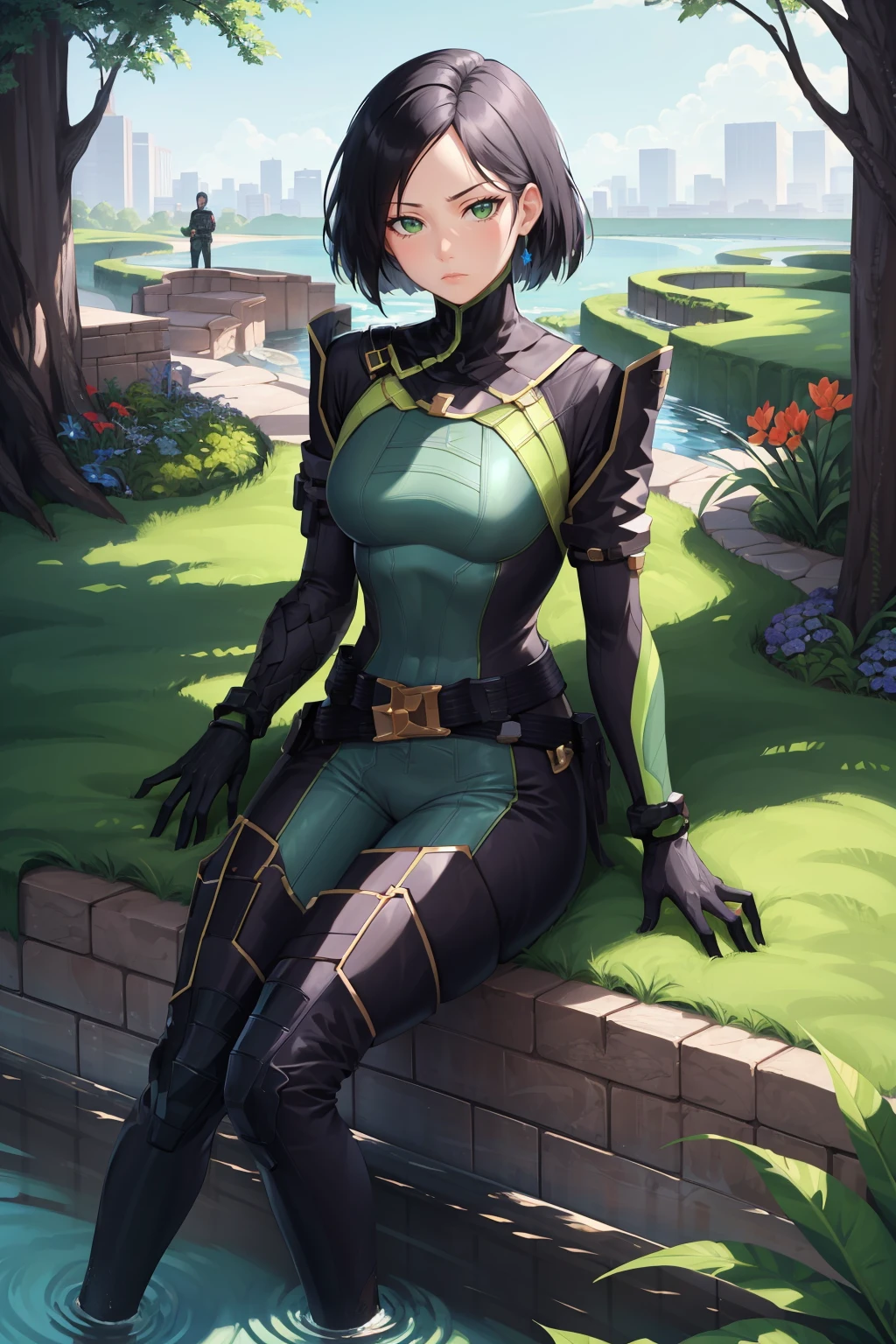masterpiece, best quality, valorantviper, green bodysuit, elbow gloves, belt, thigh boots, looking at viewer, neutral expression, bored, sitting, garden, shrubs, pond <lora:viper-nvwls-v2-000008:1.0>