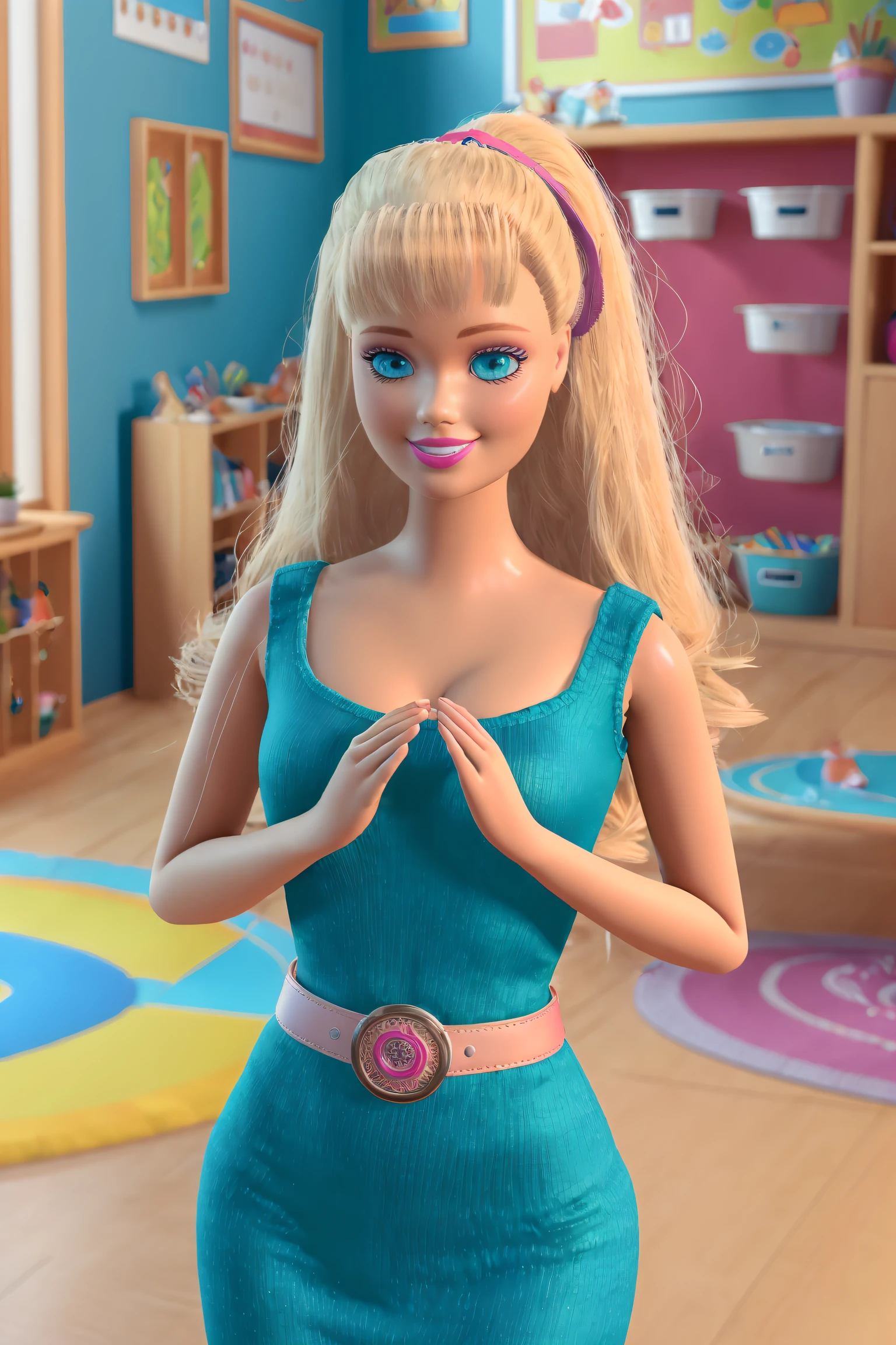 (8k, RAW photo, highest quality), ultra-detailed, 8k cg unity, 3d, centered, mid shot, (full body:1.2), ts_barbie in a blue dress and pink belt standing indoors, colorful classroom in background, Pixar style, (perfect lighting and composition:1), soft lighting, (high detail, 8K resolution:1), hdr:0.7, detailed face, detailed eyes, blue eyes, eye reflection, perfect, upper teeth, (dynamic), hand on own chest, pose, (high quality:1.2), plastic skin, (shiny), hourglass figure, ((legwarmers)), (depth of field:0.8), 50mm, film grain:0.7, fujifilmXT3, focus face, smile, (looking at viewer:1.1), floating particles, analog style, (beautiful), light makeup, lipstick, pink theme, (thick waist and thighs:0.6), realistic, amazing composition, <lora:TS_Barbie-16:0.7>, <lora:pixarStyleLora_lora128:0.3>