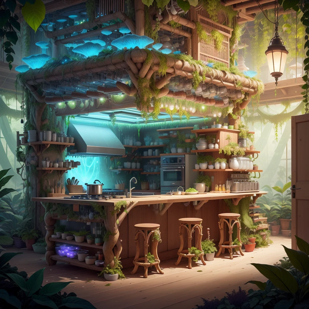 <lora:BiophyllTech-20:0.8>,BiophyllTech, bioluminescent ,fully-organic, utopia,
kitchen,indoors,