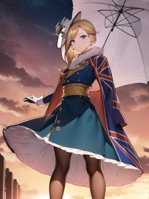 (hyper extreme detailed),(masterpeace),(hyper extreme),(photorealistic),CG,(colour:1.2), beautiful lighting,light from the front,solo, <lora:hood:1>,hood,blonde hair,blue eyes,black pantyhose,earrings,gloves ,jewelry,long hair,blue anad white long skirt,blue long dress,shoes,union jack,frilled_dress,hat,