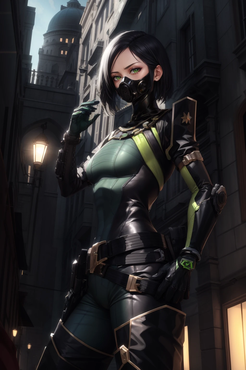 masterpiece, best quality, valorantviper, green bodysuit, elbow gloves, belt, gasmask, thigh boots, from side, hands to hips, middle eastern architecture, desert, glowing <lora:viper-nvwls-v2-000008:1.0>