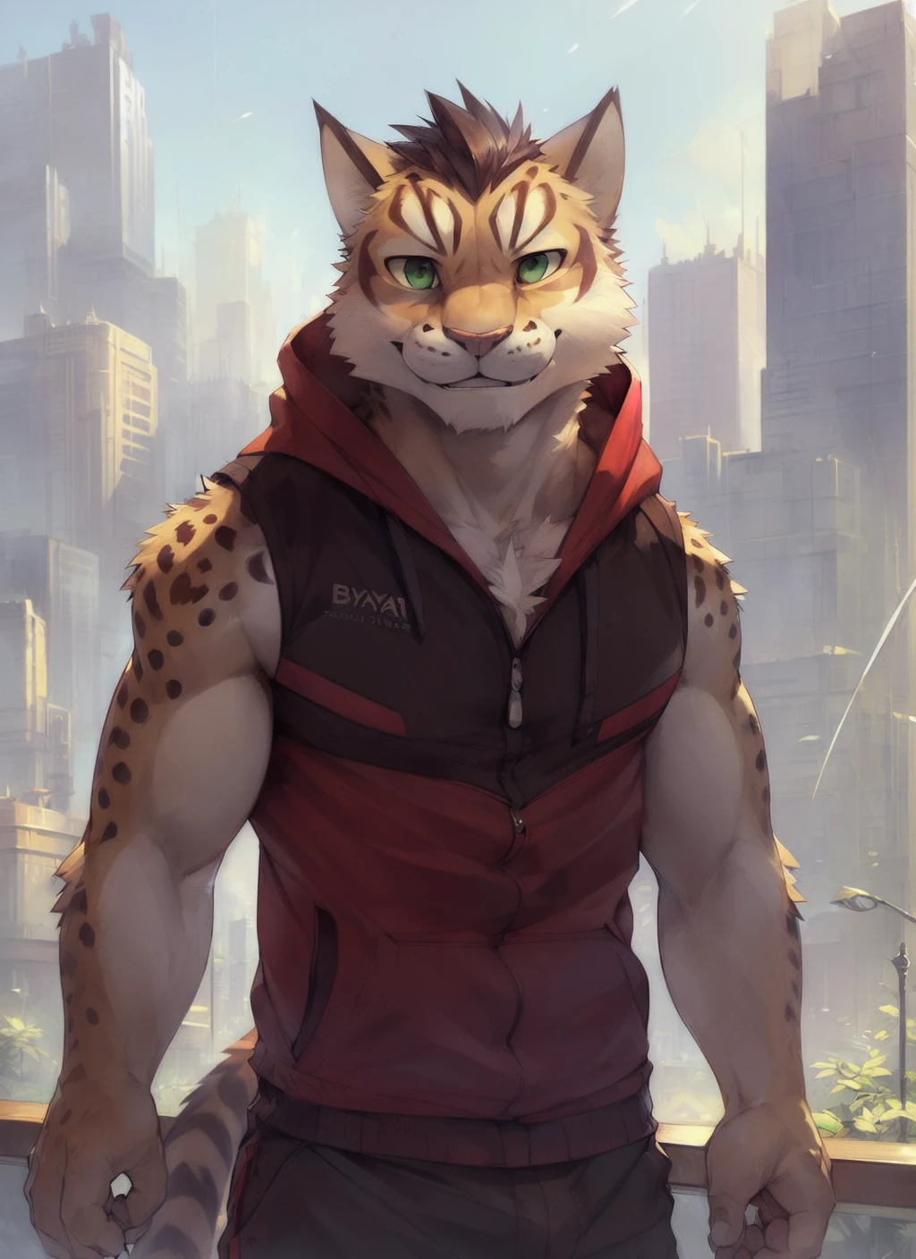<lora:shu-chi-09:0.8>, yan shu chi, solo, by Pixelsketcher, by Bayard Wu, by Thomas Benjamin Kennington , by Einshelm, detailed eyes, city background, (full body), sleeveless, sleeveless hoodie, hoodie, leopard tail, tail, green eyes, day,