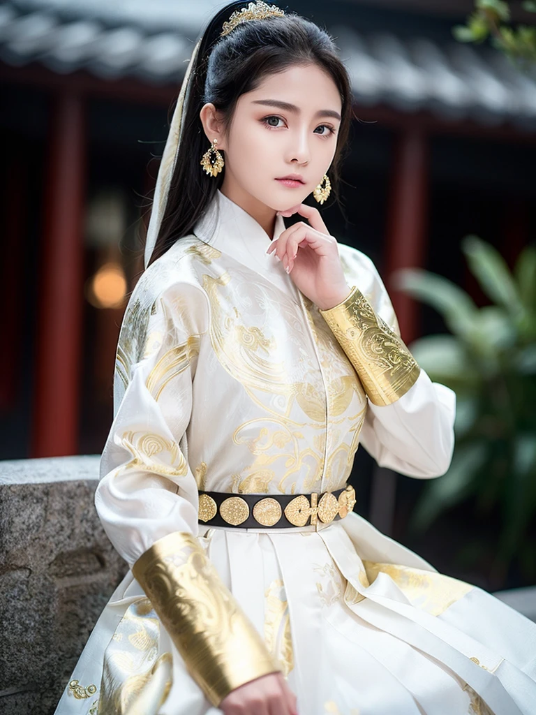 feiyu_clothes, white fabric, gold embroidery, black bracer with golden embroidery, white collar, high ponytail, headband, depth of field, night cityscape, (1girl:1.6), ulzzang-6500v1.1, (original: 1.2), (realistic: 1.3) , beautiful girl with beautiful details, extremely detailed eyes and face, eyes with beautiful details, absurd, incredibly absurd, huge file size, ultra detail, high resolution, ultra detailed, best quality, masterpiece, illustration, ultra detailed and beautiful, ultra detailed, CG, unity, 8k wallpaper, amazing, fine Detail, masterpiece, top quality, official art, extremely detailed CG unity 8k wallpaper, cinematic lighting, (perfect shiny skin:0.6), slim and smooth lines, (floating), (small breasts:1), earrings , <lora:Feiyu_clothes_v1:0.8> <lora:koreanDollLikeness_v15:0.2>