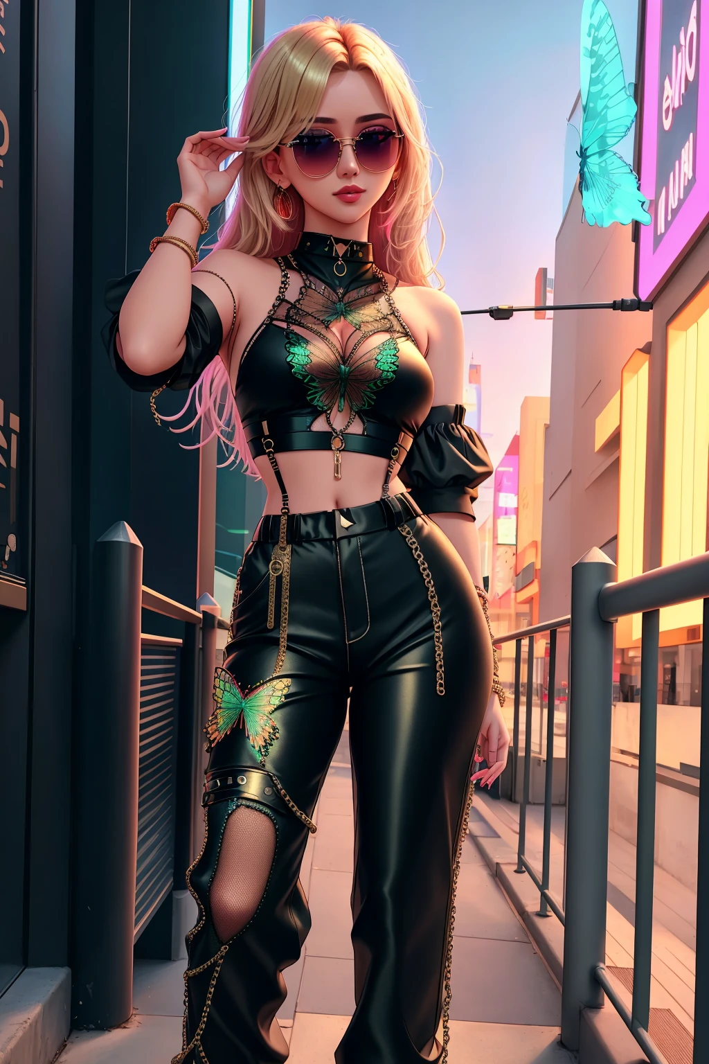 4K, Masterpiece, highres, absurdres, 
[Urban_Gal|butterfly_top], Blonde Nadia with sunglasses and a choker, standing for a picture , wearing Urban_Gal, multicolor butterfly design embroidery, long baggy pants, multiple iron chains, fishnets, turtleneck
 <lora:UrbanButterfly:1> <lora:Nadia:0.5>