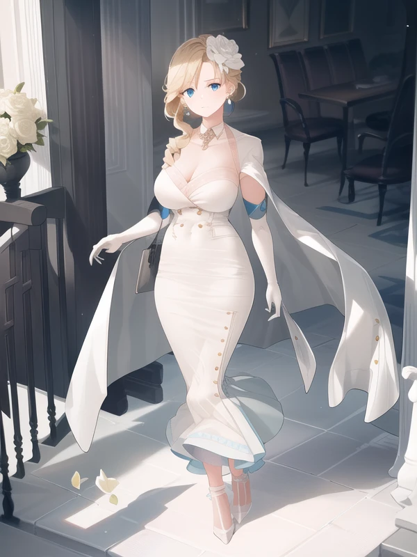 (hyper extreme detailed),(masterpeace),(hyper extreme),(photorealistic),CG,(colour:1.2), beautiful lighting,light from the front, solo, <lora:hood-dress:1>,hood-dress,blonde hair,blue eyes,earrings,gloves ,jewelry,medium hair,long long pencil skirt, white sleeveless long dress,high heels,coat on shoulders,long gloves,white hair flower, white coat,