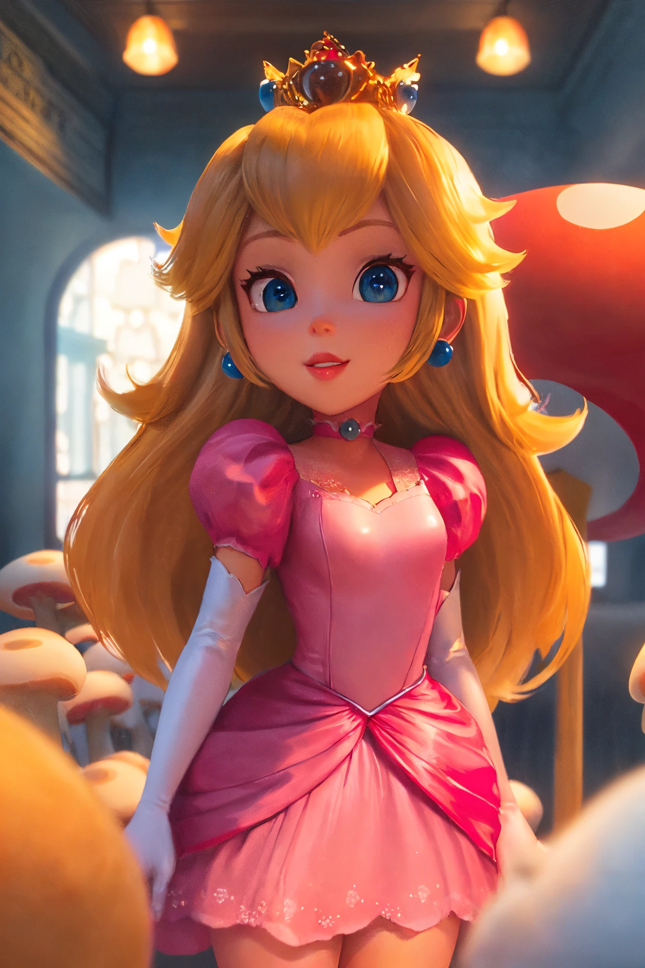 highres, masterpiece, perfect ligthing, bloom, cinematic lighting, adult, perfect skin, female, looking at viewer, cowboy shot, smile, narrow waist, skinny,  <lora:PrincessPeachMovie:0.6>, (PrincessPeach), (Princess Peach), (Pink Dress), detailled eyes, blue eyes, choker, sensual, mushrooms,mushroom kingdom, pink lips, ((glossy lips)), pursed lips, pink pumps, glossy skin, oily skin, beautiful light, (day:1.3), bright,<lora:PrincessPeachMovie-000004:0.5>