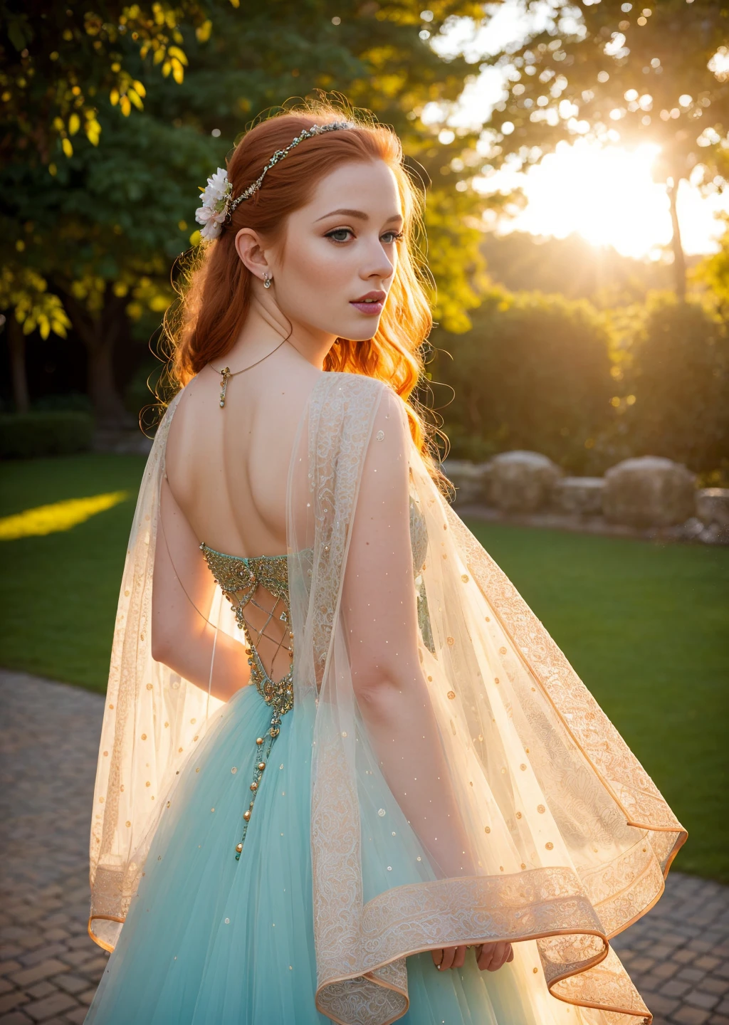 a portrait of a sexy ginger Princess, she has long straigtht hair, (light freckles, beauty spots:1.2), she is wearing a beautiful multiple stitched layers green ballgown with onyx accent, encrusted with jewels, intricate pattern, detailed
background of a castle backyard garden, sunset, sun-kissed, sunflare, <lora:xEpi:1.4>