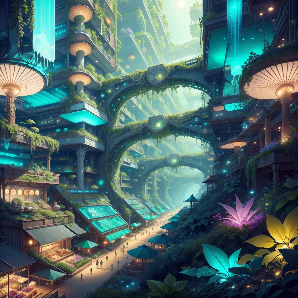 <lora:BiophyllTech-20:0.8>,BiophyllTech, bioluminescent ,fully-organic, utopia, 
shopping district , crowed