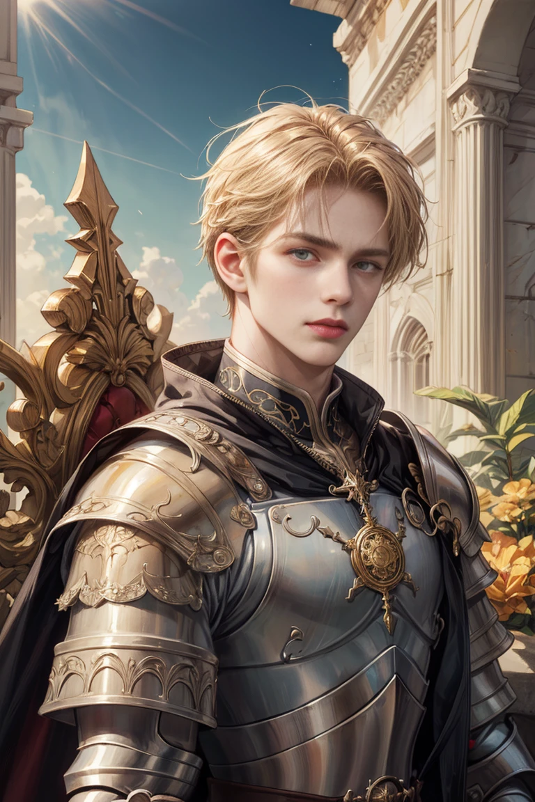 (Absurdres, Intricate Details, Masterpiece, Best Quality, High Resolution, 8k), 1 male, thin, young, aged up, masked, finely detailed eyes and face, auburn low-fade hair, amber eyes, portrait, looking at viewer, solo, half shot, detailed background, (light fantasy theme:1.1), focusing, mercenary, sunshine, floating scraps, color plate armor, divine aura, bright realistic lighting, marble castle, intense atmosphere, circlet, coat of arms, brazier, , Depth of Field, VFX.