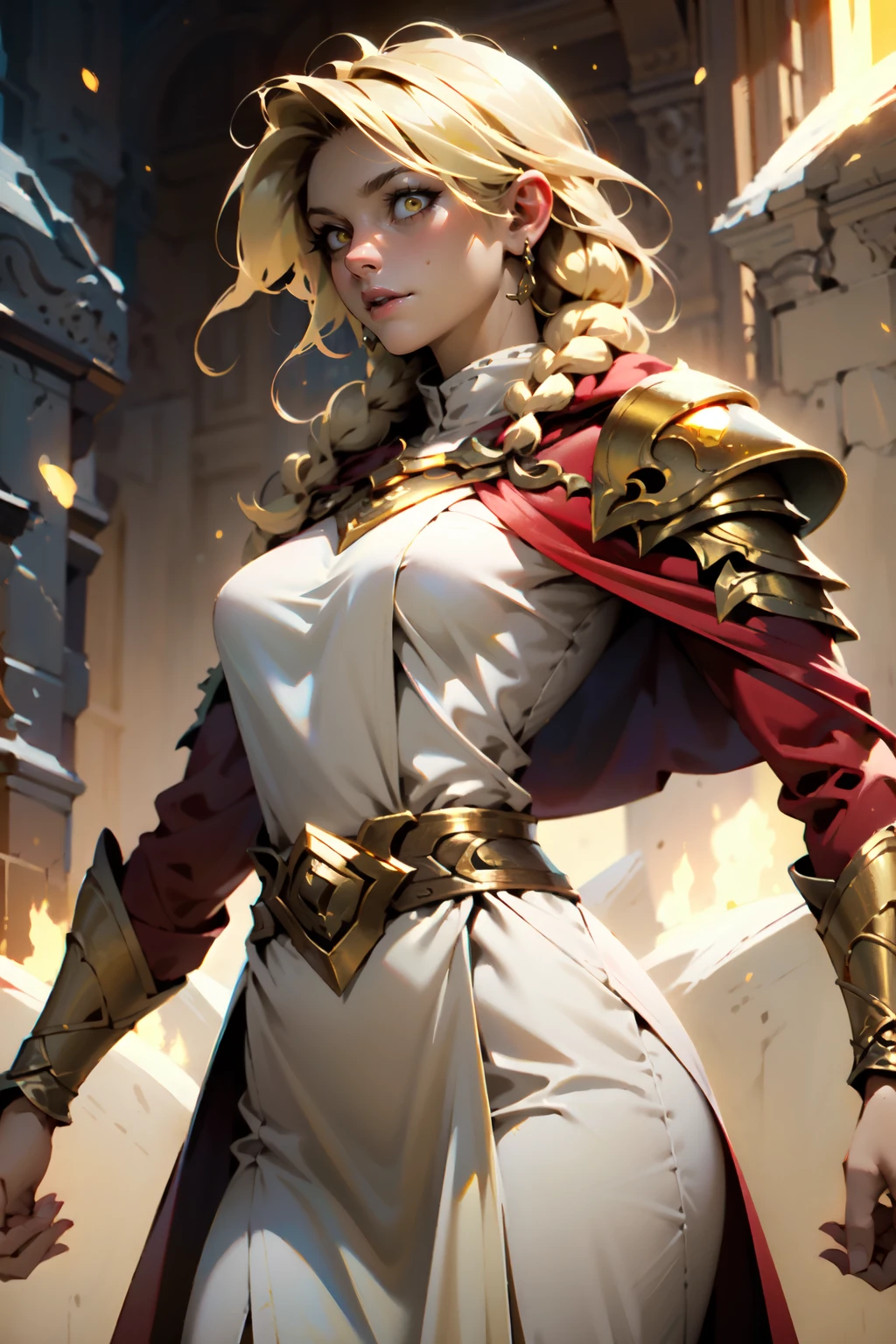 nijistyle, cowboy shot of paladin lady, golden armor, blonde hair, braid, pauldrons, white tabard, belt, red cape, glowing yellow eyes, particles <lora:sxz-niji-style:1>