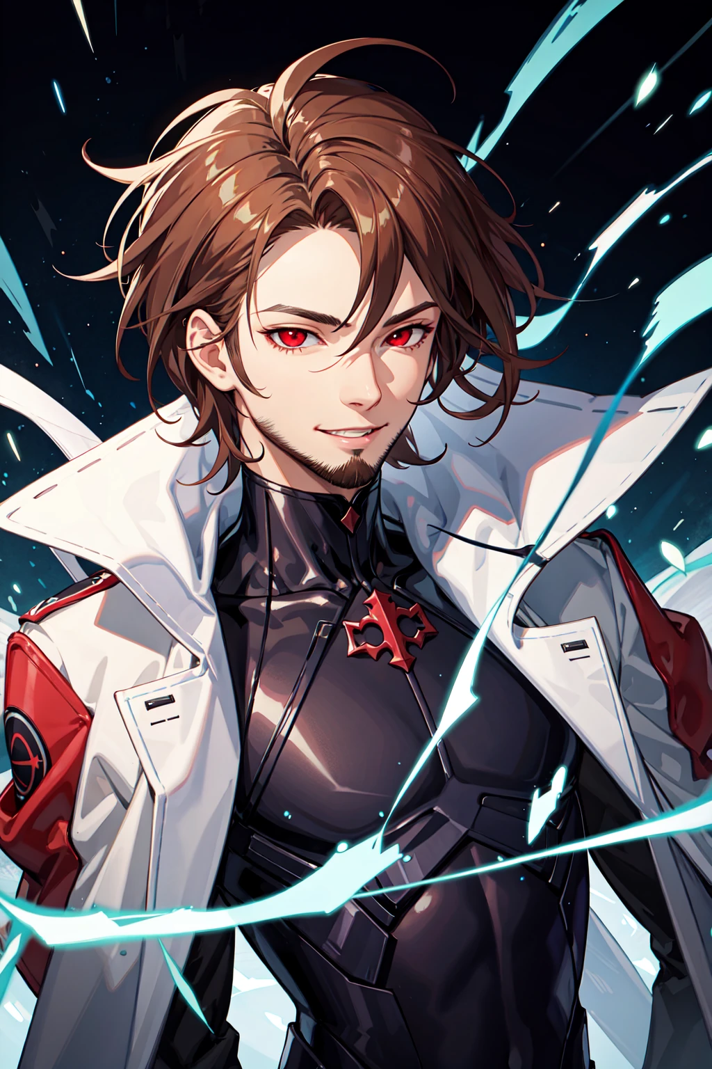 official art, unity 8k wallpaper, ultra detailed, beautiful and aesthetic, High quality, beautiful, masterpiece, best quality, (zentangle, mandala, tangle, entangle:0.6),Le Diable Blanc, Gambit, Remy Lebeau, detailed eyes , detailed face, shiny skin, masterpiece, best illustration, 1boy, male focus, solo, facial hair, stubble, colored sclera, red eyes, black sclera, brown hair, smile, upper body, bodysuit, parted lips, jacket, cropped torso, looking at viewer, water splash, wind swept, glitter,ultra sharp