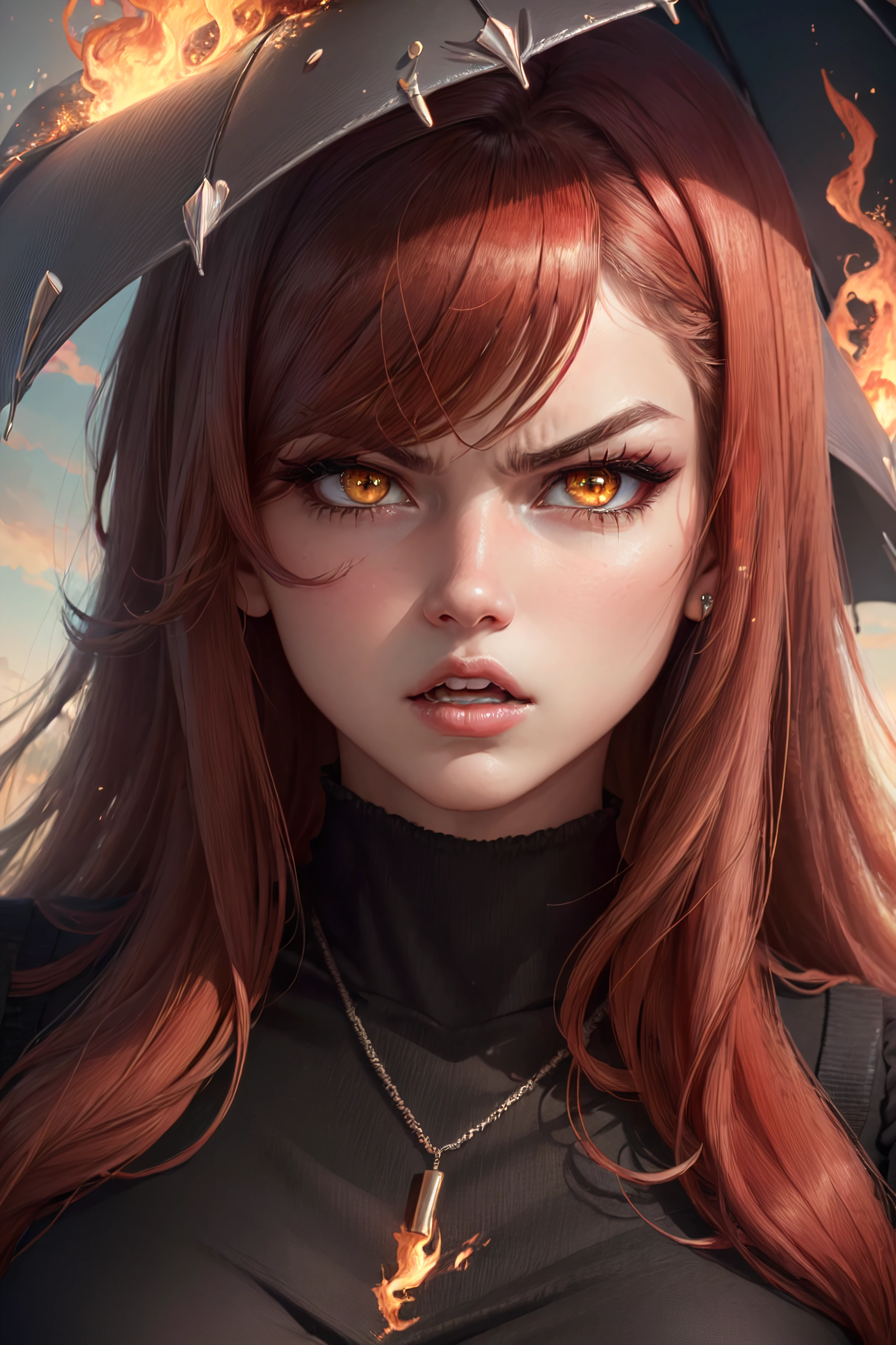 ((masterpiece, high quality, best quality, highres, ultra-detailed, 8k:1.4)), parasoul, 1girl, solo, breasts, sweater, dress, (skirt), ((closed umbrella)), hair over one eye, lips, lipstick, necklace, inverted cross, ((yellow eyes)), detailed eyes, perfect eyes, large eyelashes, ((beauty, sexy, angry, :o, portrait, close-up:1.3)), explosion and flames background, detailed background, volumetric light, dynamic angle, <lora:Parasoul-10:1.0>