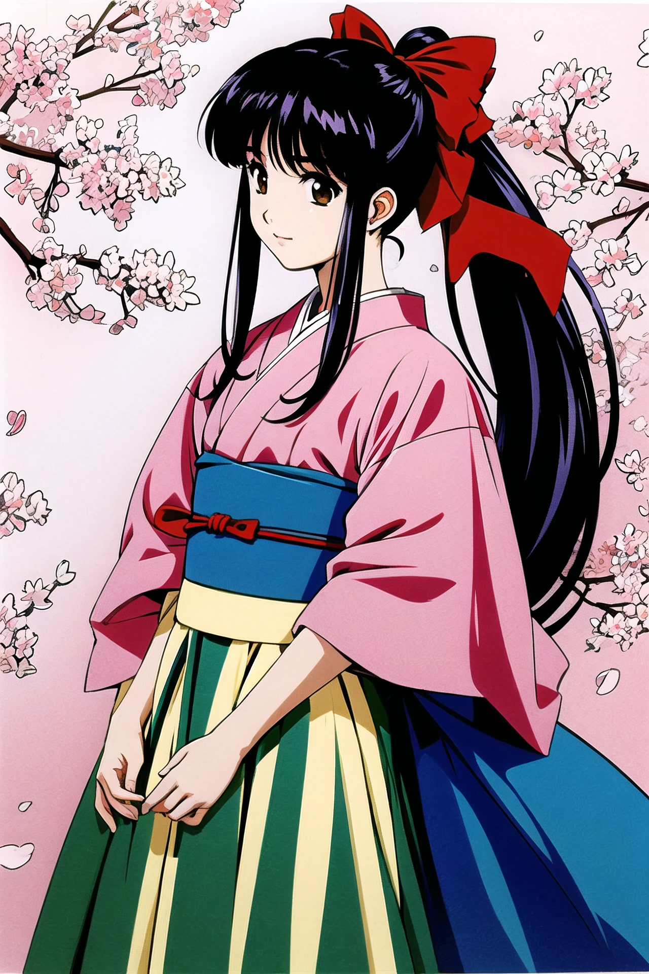 1girl, solo, bow,long hair, red bow, japanese clothes, ponytail, hair bow, brown eyes, black hair, blue hair, cherry blossoms, <lora:sakura3:0.8>