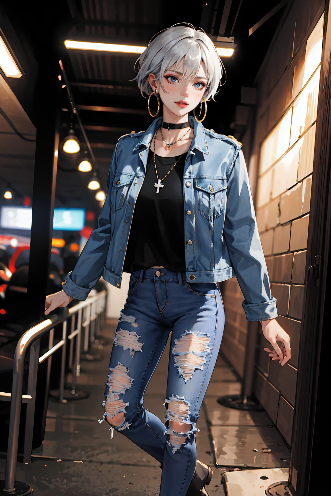 (masterpiece:1.2, best quality), (real picture, intricate details), solo, 1lady Hair: buzz cut, Clothing: oversized, distressed denim jacket with patches and pins, paired with black skinny jeans and combat boots, Accessories: silver hoop earrings and a black choker necklace, Hanging out in an underground music venue