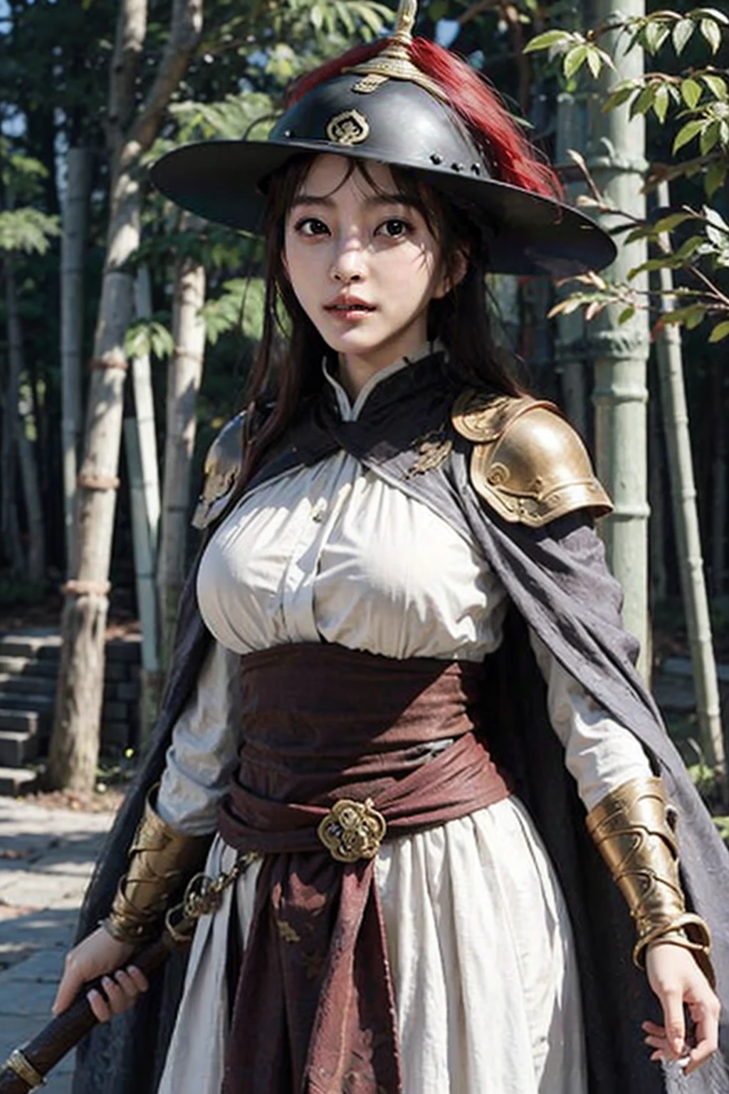 1girl, big_breasts, armor,realistic, masterpiece, best quality, 8k, photorealistic, linen_cape, white_linen_clothes, <lora:Han_Ye_Seul_v3:1>