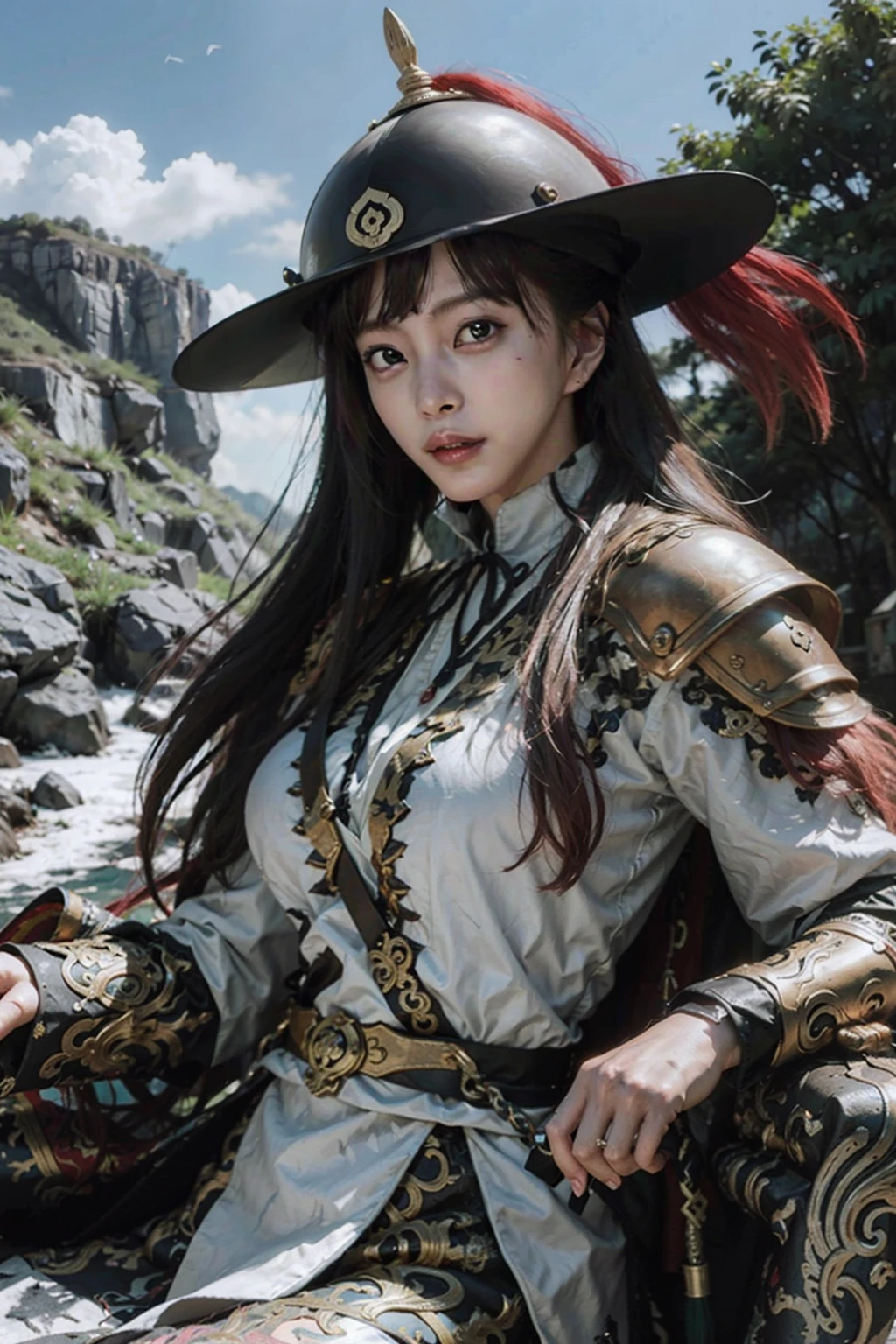 doulikui, feather, 1girl, big_breasts, (armor:1.2),realistic, masterpiece, best quality, 8k, photorealistic, white_linen_clothes, furry cloak, furry white cape, outdoors, <lora:Han_Ye_Seul_v3:1>, bangs,