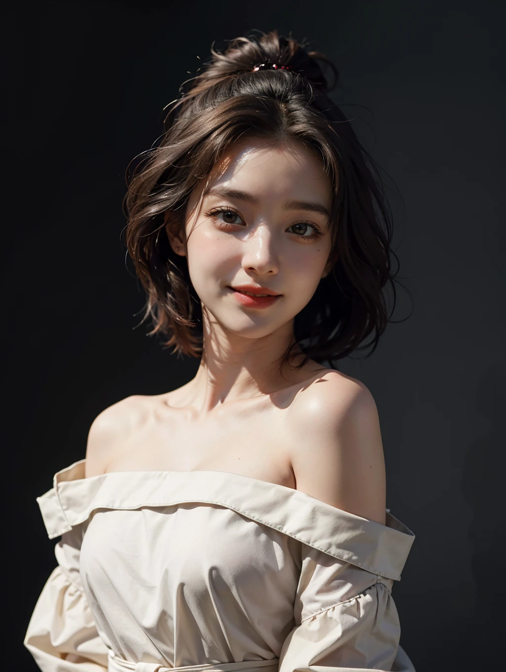 1girl, offshoulder, smile, cute, waist up, deep shadow, in the dark, low key
best quality, masterpiece, (photorealistic:1.4)