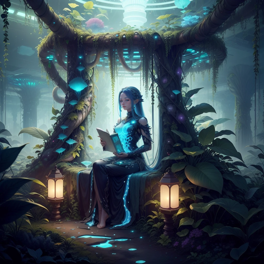 <lora:BiophyllTech-20:0.8>,BiophyllTech, bioluminescent ,fully-organic, utopia,
,scholar , scroll, 1girl,long hair, blue skin,