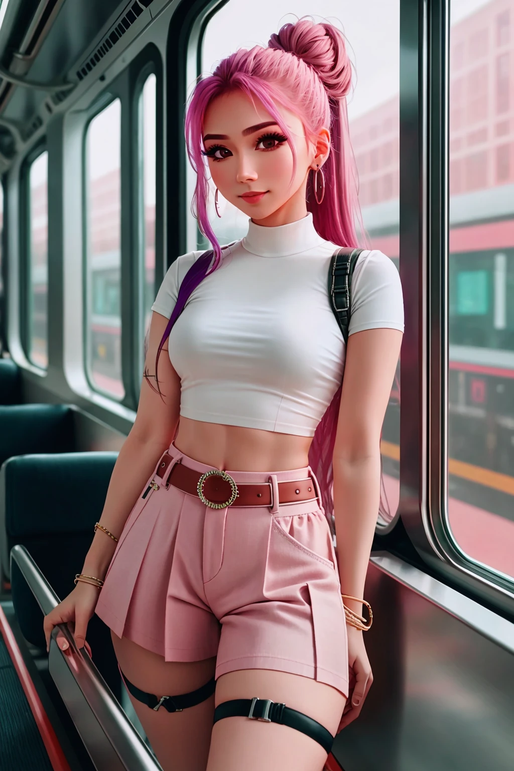 4K, Masterpiece, highres, absurdres,natural volumetric lighting and best shadows,soft detailed facial features,smiling,
1girl, solo, long hair, breasts, skirt, shirt, jewelry, medium breasts, standing, white shirt, pink hair, purple hair, short sleeves, multicolored hair, cowboy shot, earrings, shorts, midriff, belt, black skirt, hair bun, blurry, bracelet, lips, crop top, looking to the side, window, double bun, makeup, thigh strap, blurry background, piercing, reflection, realistic, train interior, wearing Urban_Gal,
 <lora:edgAsianUrbanGal:1>