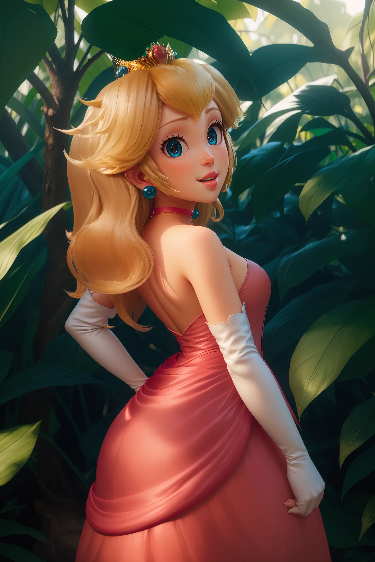 highres, masterpiece, perfect ligthing, bloom, cinematic lighting, adult, perfect skin, female, ((cowboy shot)), Butt out pose, smile, narrow waist, skinny,  <lora:PrincessPeachMovie:0.6>, (PrincessPeach), (Princess Peach), (Pink Dress:1.2), choker, detailled eyes, blue eyes, choker, sensual, Lush jungle, pink lips, ((glossy lips)), pursed lips, pink pumps, glossy skin, oily skin, beautiful light, (day:1.3), bright,<lora:PrincessPeachMovie-000004:0.5>