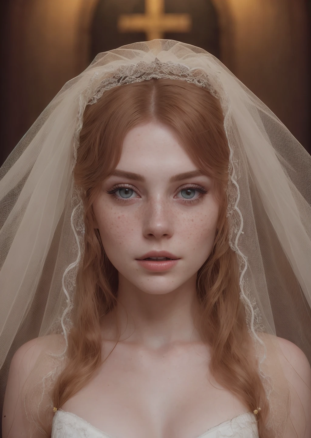 a portrait of a beautiful pale woman, she has very long wavy red hair, she is wearing a gorgeous wedding dress, she is wearing heavy makeup, she has long eyelashes, hair accessory
blurry background of a (church:1.2)
fashion model, vogue, metart, playboy, instagram, reddit, (vivid colors:1.2), (ring light:0.8), DoF bokeh, DSLR photography, 8k, 20 megapixel, glamour shoot, contrast, (textured skin:1.1), skin pores, (light freckles:1.2), imperfect skin, (goosebumps:1.1), hasselblad, 45 degree, hard light, gigapixel, flawless face