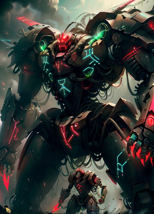 ((best quality)), ((masterpiece)), (detailed), (intricate details), (ultra high res), giant, towering, <lora:GlowingRunesAIV6:.9>, (GlowingRunesAI_green), (GlowingRunesAI_red),skeleton knight mech, in battle, bladed arms,