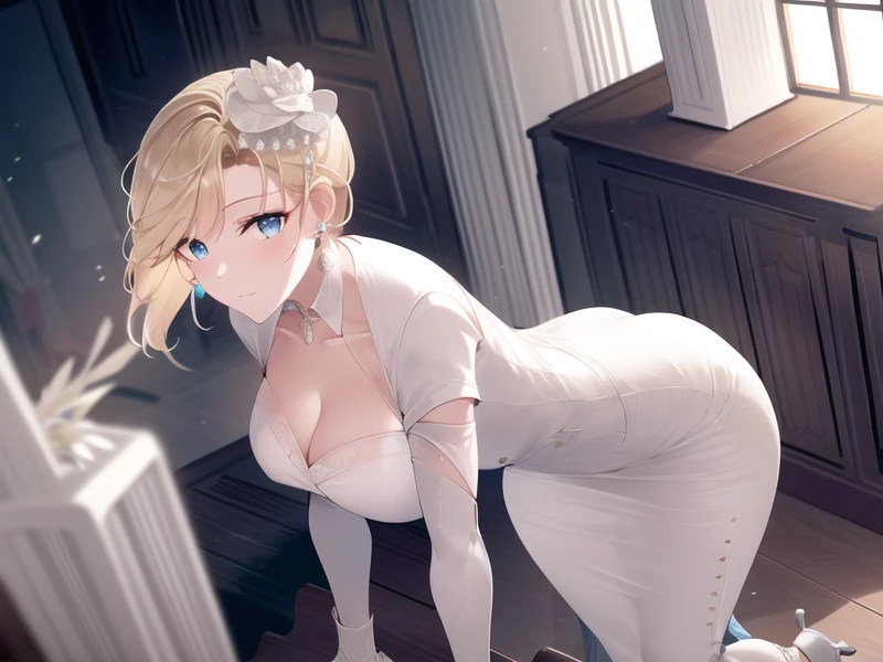 (hyper extreme detailed),(masterpeace),(hyper extreme),(photorealistic),CG,(colour:1.2), beautiful lighting,light from the front, solo, <lora:hood-dress:1>,hood-dress,blonde hair,blue eyes,earrings,gloves ,jewelry,medium hair,long long pencil skirt, white long dress,high heels,coat on shoulders,long gloves,white hair flower, white coat,sleeveless,