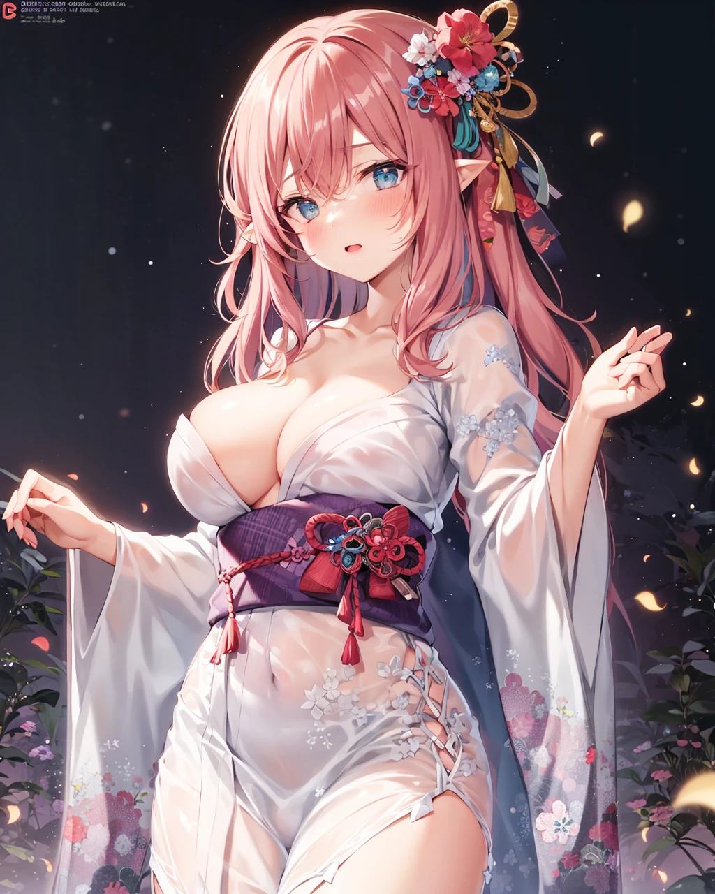 <lora:SeeThroughKimonoNoise:1>,
1girl,solo,large breasts, 
standing,cowboy shot, see-through kimono, 
pink hair, pointy ears, 
standing,cowboy shot,