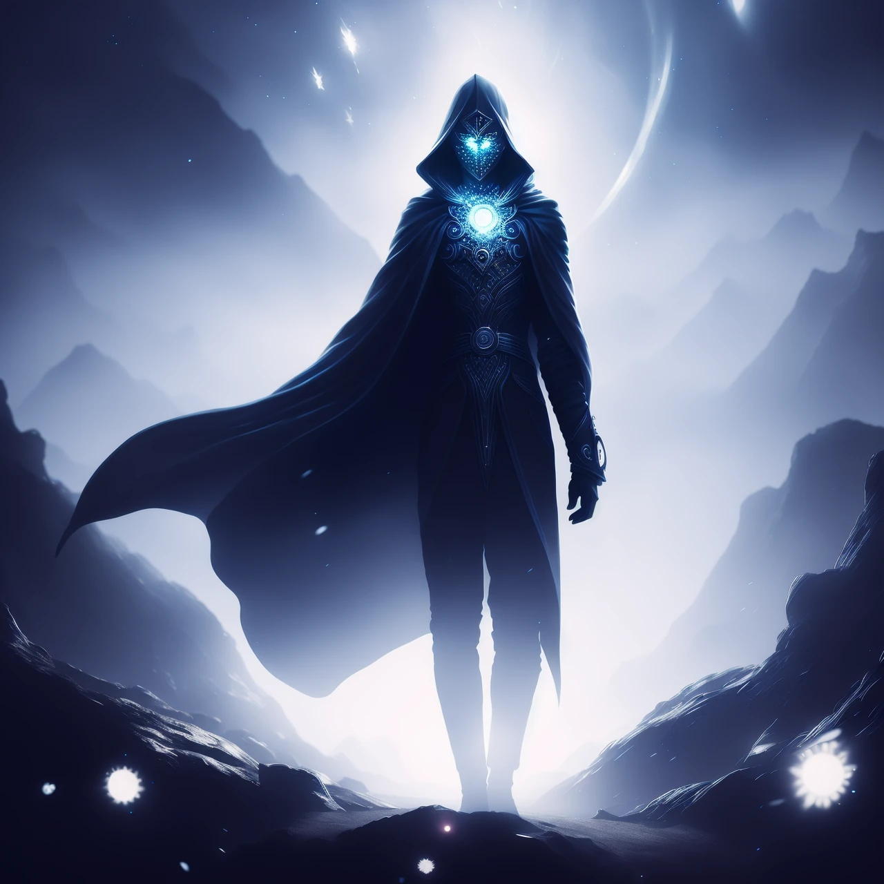 A pencil drawing of a mysterious figure, with a shadowy cloak and glowing eyes peering out from the darkness. The figure is surrounded by a strange, otherworldly landscape filled with swirling mists and glowing crystals.