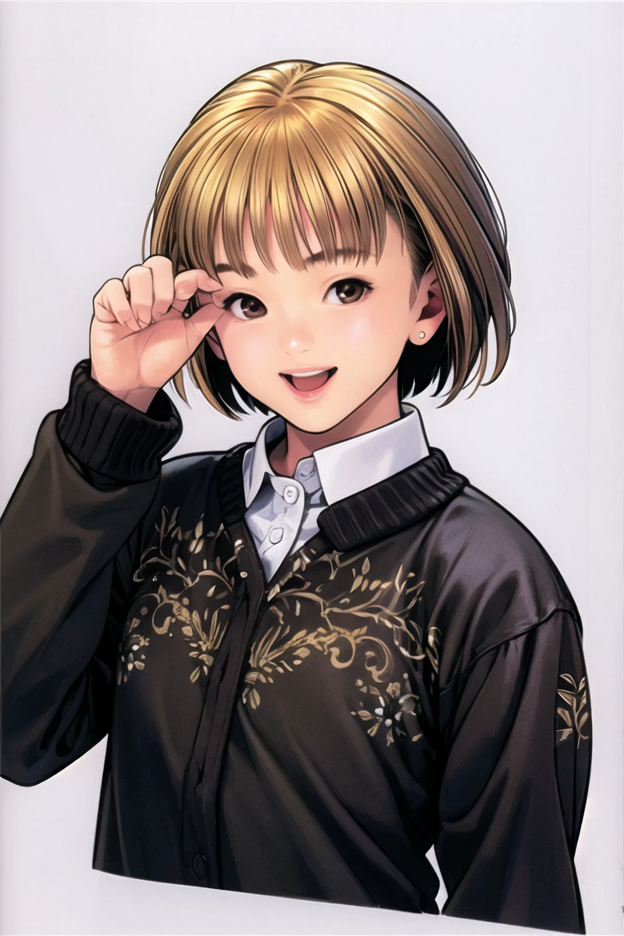 1girl, solo, short hair, smile, open mouth, upper body, white background, brown eyes, long sleeves, :d, simple background, looking at viewer, blonde hair, bangs, <lora:guizhenghe:0.9>