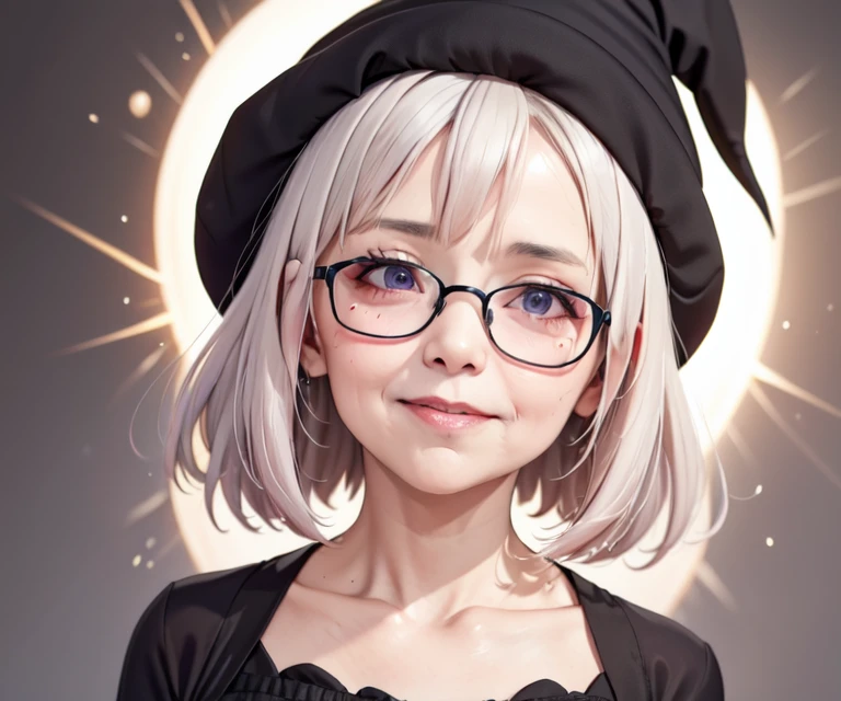 blurry, depth_of_field, red_sky, (nerunerunerune:1.2), smile, 60 years old woman, (An old woman with nasolabial folds on her face:1.4), in a witches hat and black dress, a hologram, magical realism, upper body, (one big illuminates exploding light neon behind her:1.2), Stir purple cream sprinkle candy, Glasses, modern_girl_hair, (shrug:1.3)