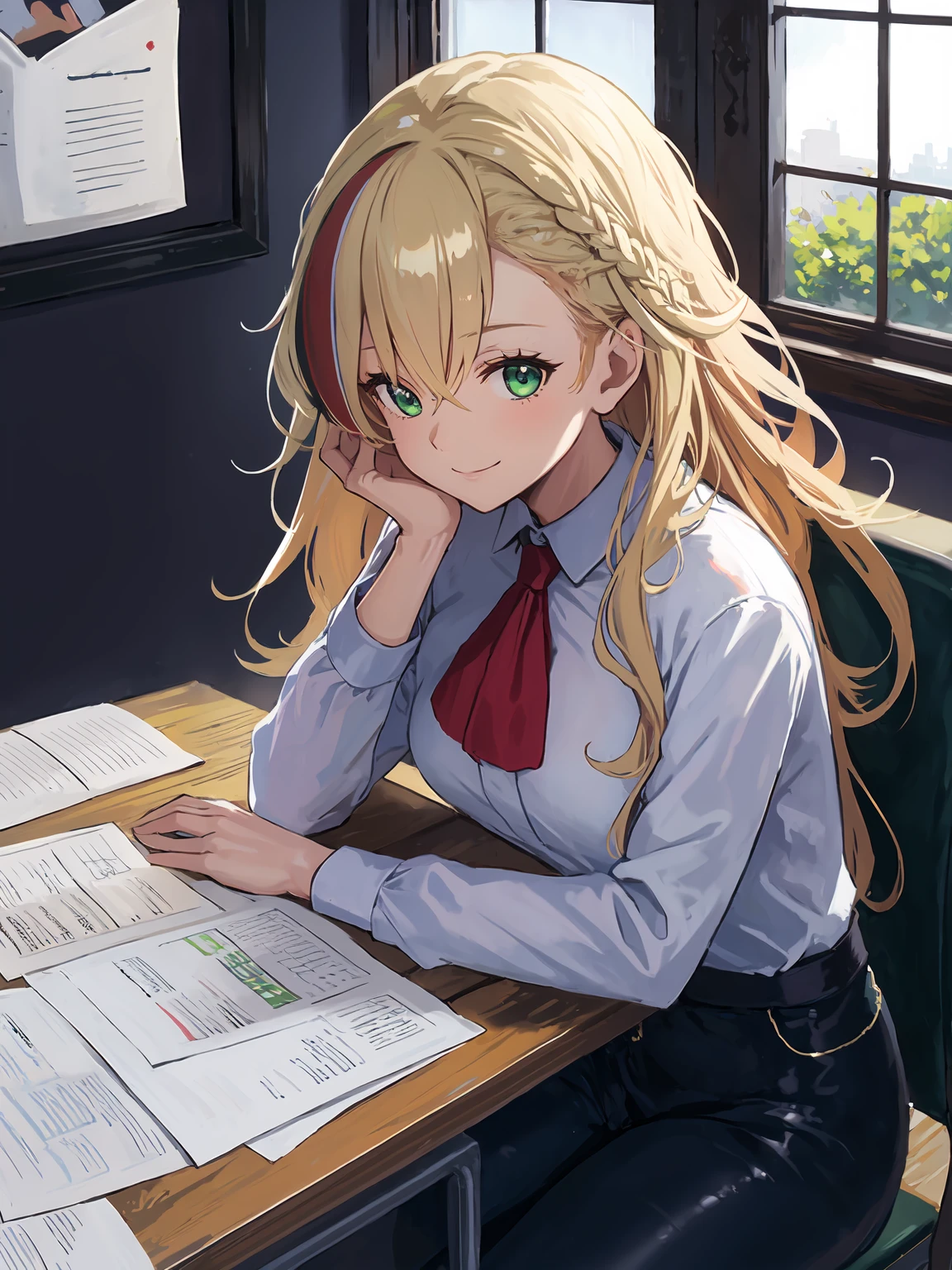 masterpiece,best quality,highres,1girl,<lora:ShadowverseNahtNaughtV1:0.75>,office,desk,papers,window,sitting across table,looking at viewer,turning head,close-up,blonde hair,green eyes,multicolored hair,black pants,supporting,elbows on desk,hand on cheek,smile