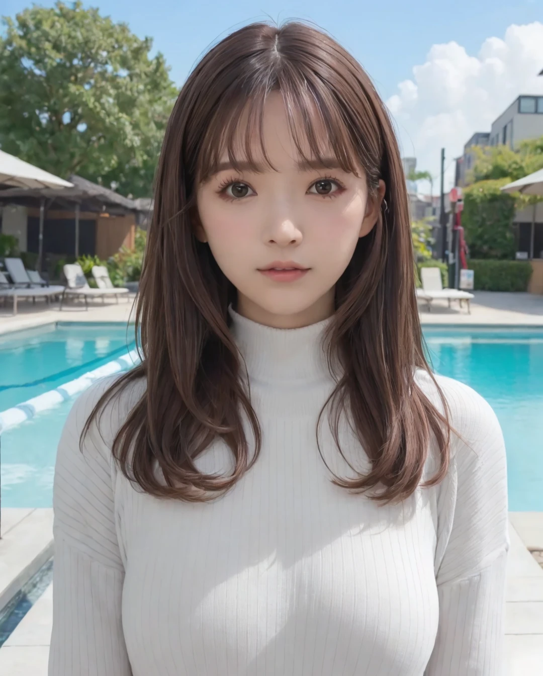 pureerosface_v1, best quality, photorealistic, 8k, high res, 1girl, woman, (skindentation), (portrait:0.6), gorgeous, dynamicpose, ((poolsidebackground:1.6)), coconut tree, ((mediumsize roundbreast, white highnecksweater:1.4)), straight-looking at viewer:1.8, (1girl eyes looking at viewer, medium-length hair, brownhair, partedbangs:1.65), (bokeh), (closed mouth:1.46), <lora:WHAV-yua-CB64:0.6>