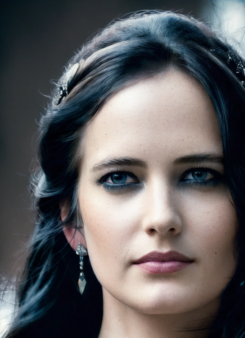 woman, black hair, elegant hairstyle, large bust, princess dress, decorated blue dress, looking at the camera, photorealistic